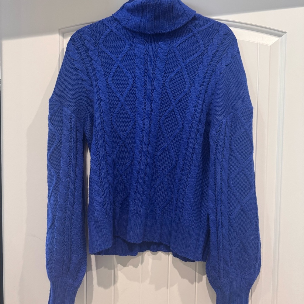 Blue Cable Knit Turtleneck Sweater